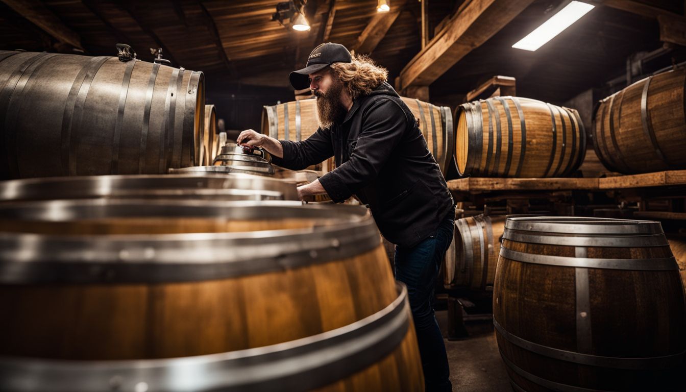 Brewmaster pours beer among barrels in dimly lit cellar.