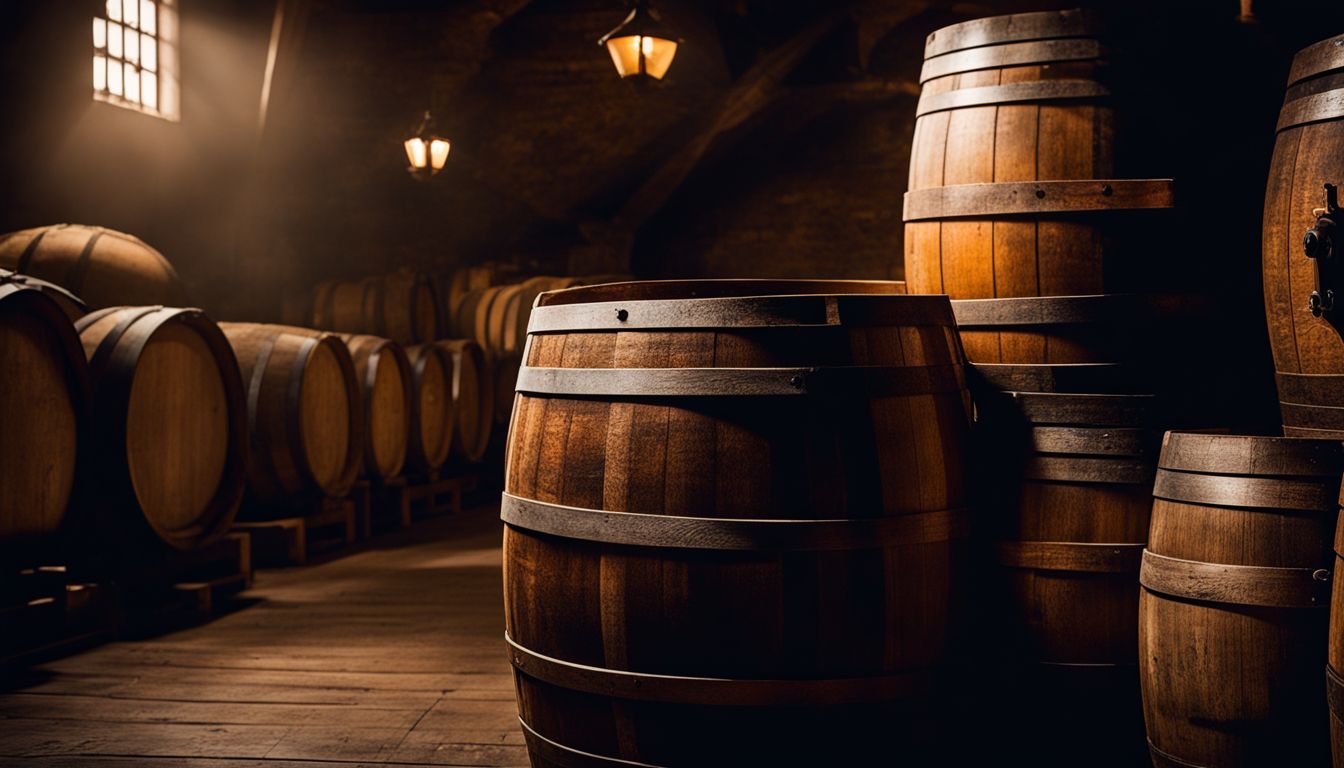 A close-up of aged beers surrounded by oak barrels in a dimly lit cellar.