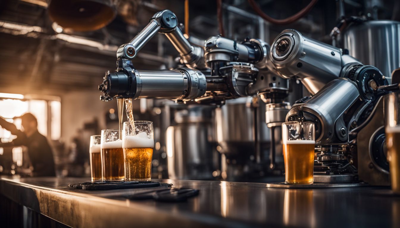 A robotic arm pouring beer in a modern brewery with diverse people.