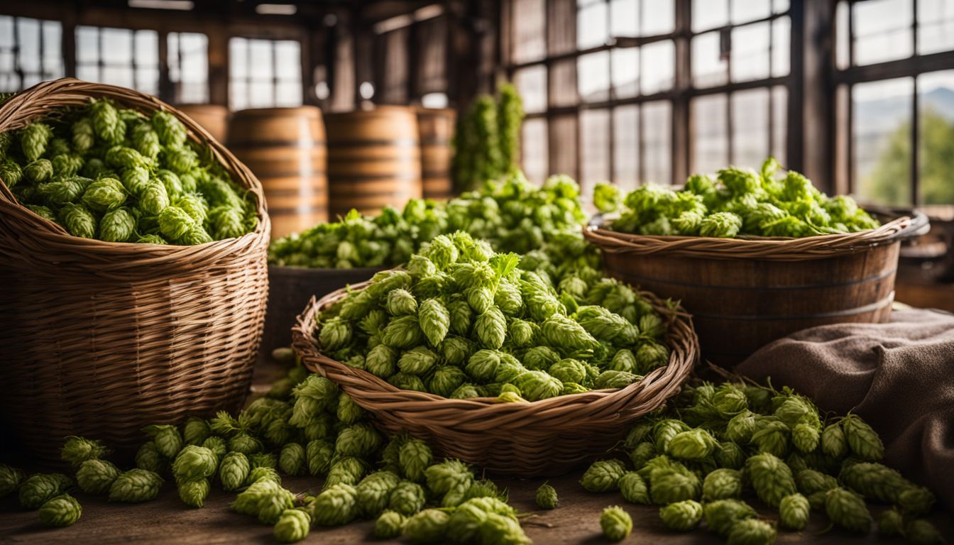 Freshly harvested hops displayed in a modern craft brewery.