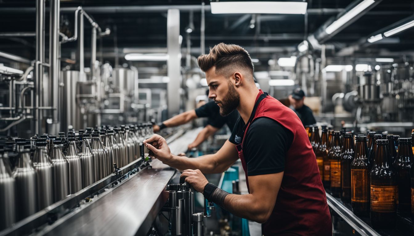 A craft brewery worker inspecting a fully automated bottling line.