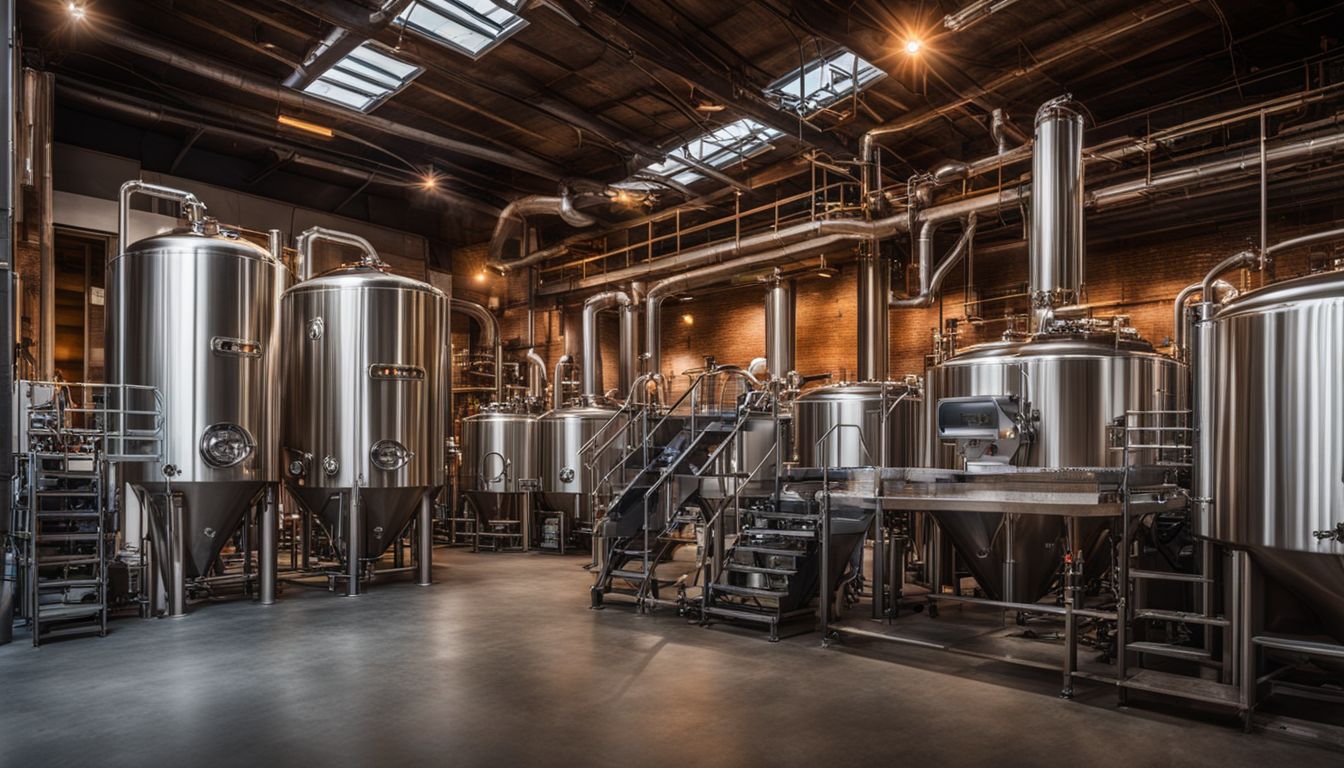 A modern craft brewery with robotic brewing equipment and diverse staff.
