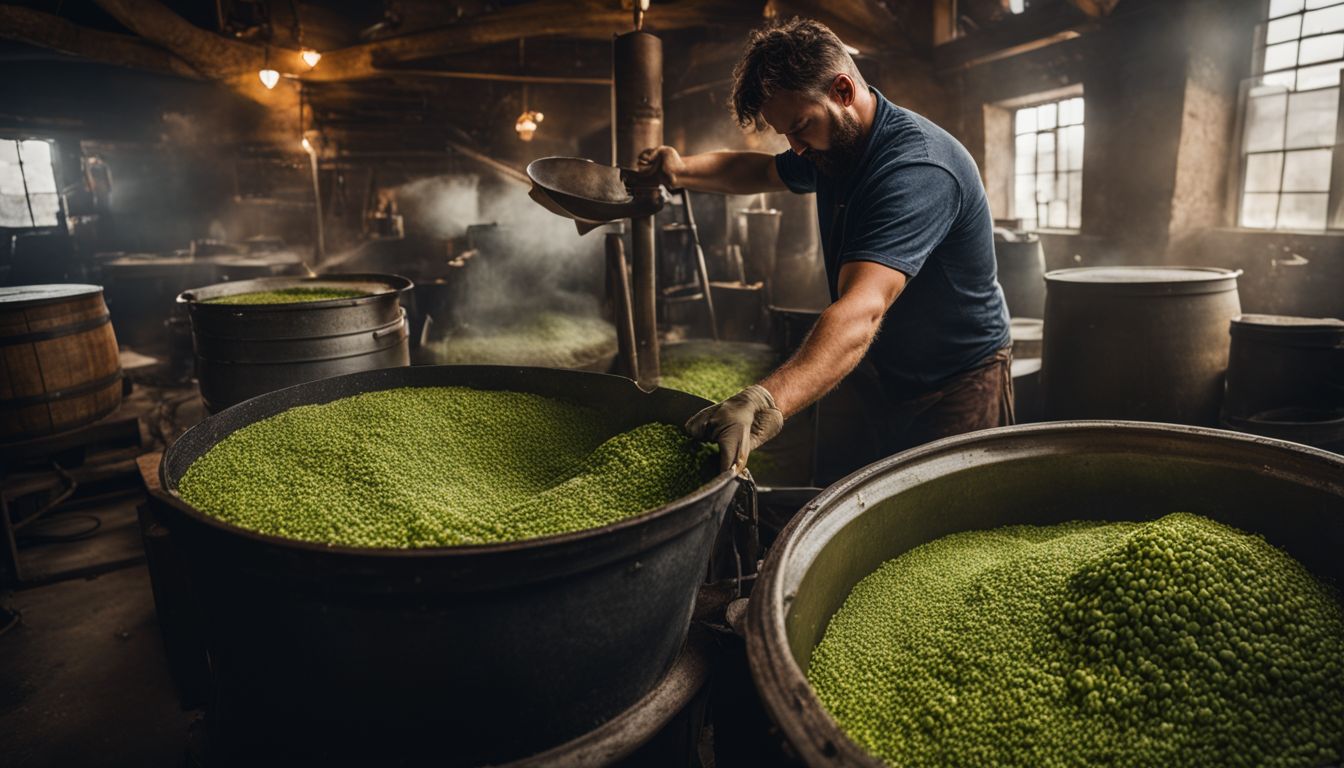 A brewer stirring hops in a rustic brewery with a bustling atmosphere.
