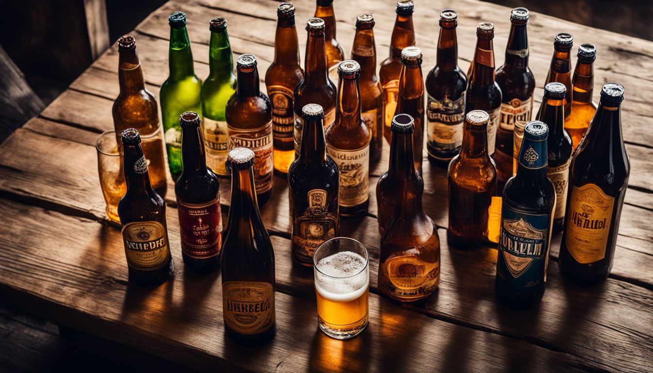 A collection of beer glasses and bottles arranged on a table.