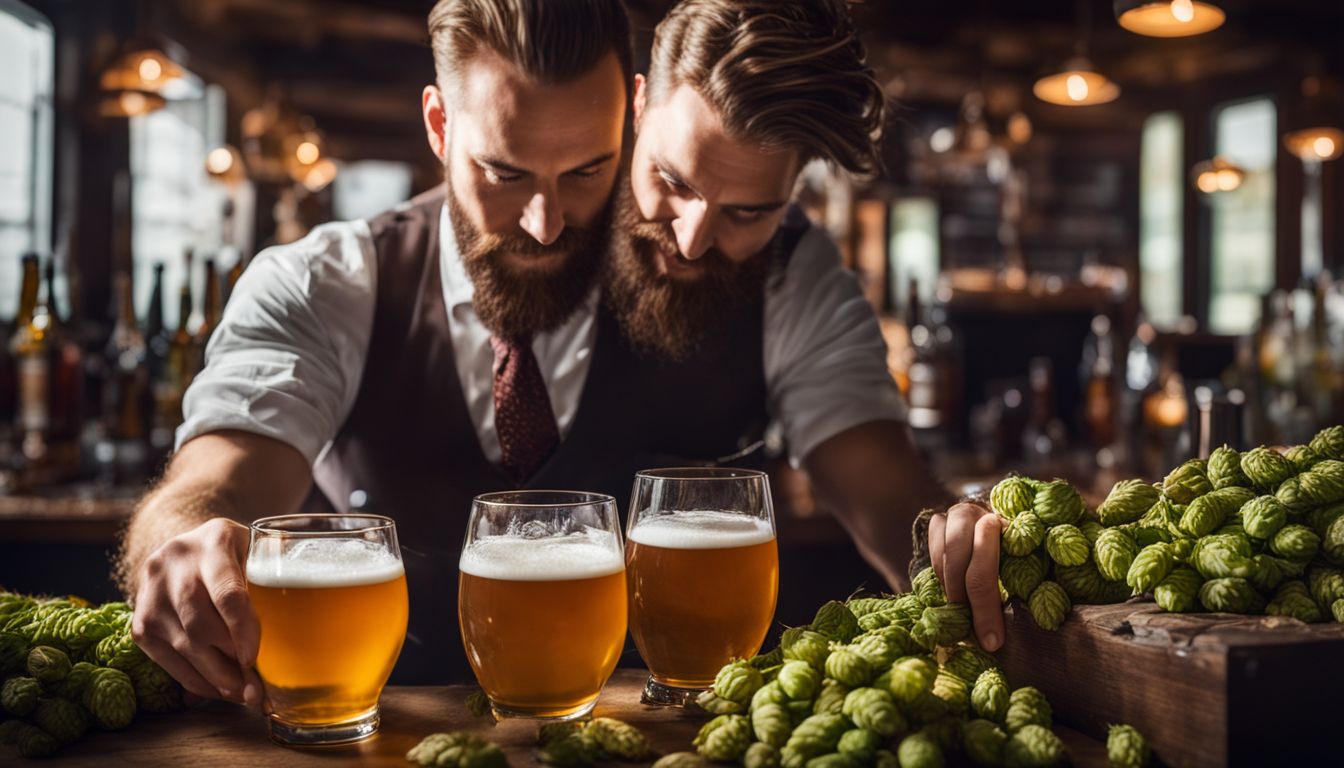 A bartender pouring beer surrounded by hops and malt in a busy bar.