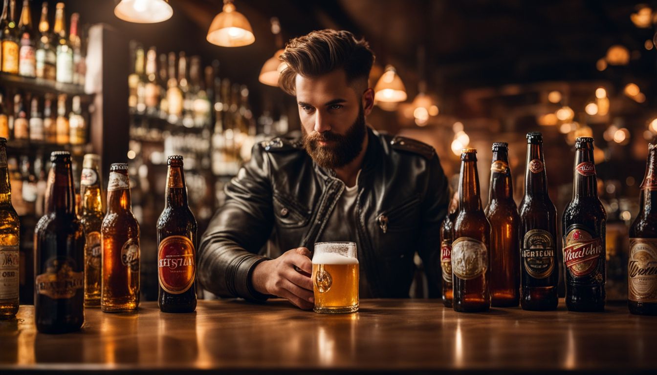 A person holding a beer glass surrounded by various types of beer bottles.