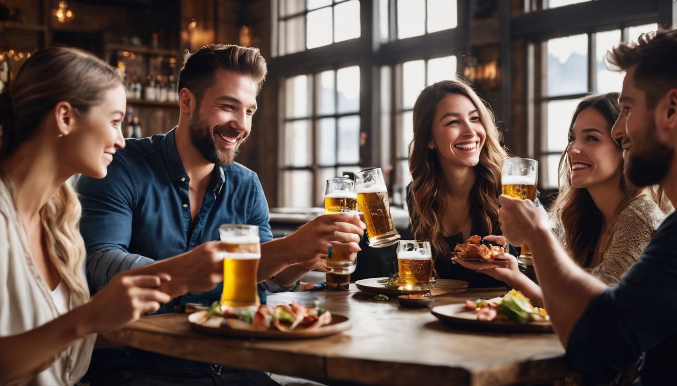 A diverse group enjoys a beer tasting session with food pairings.
