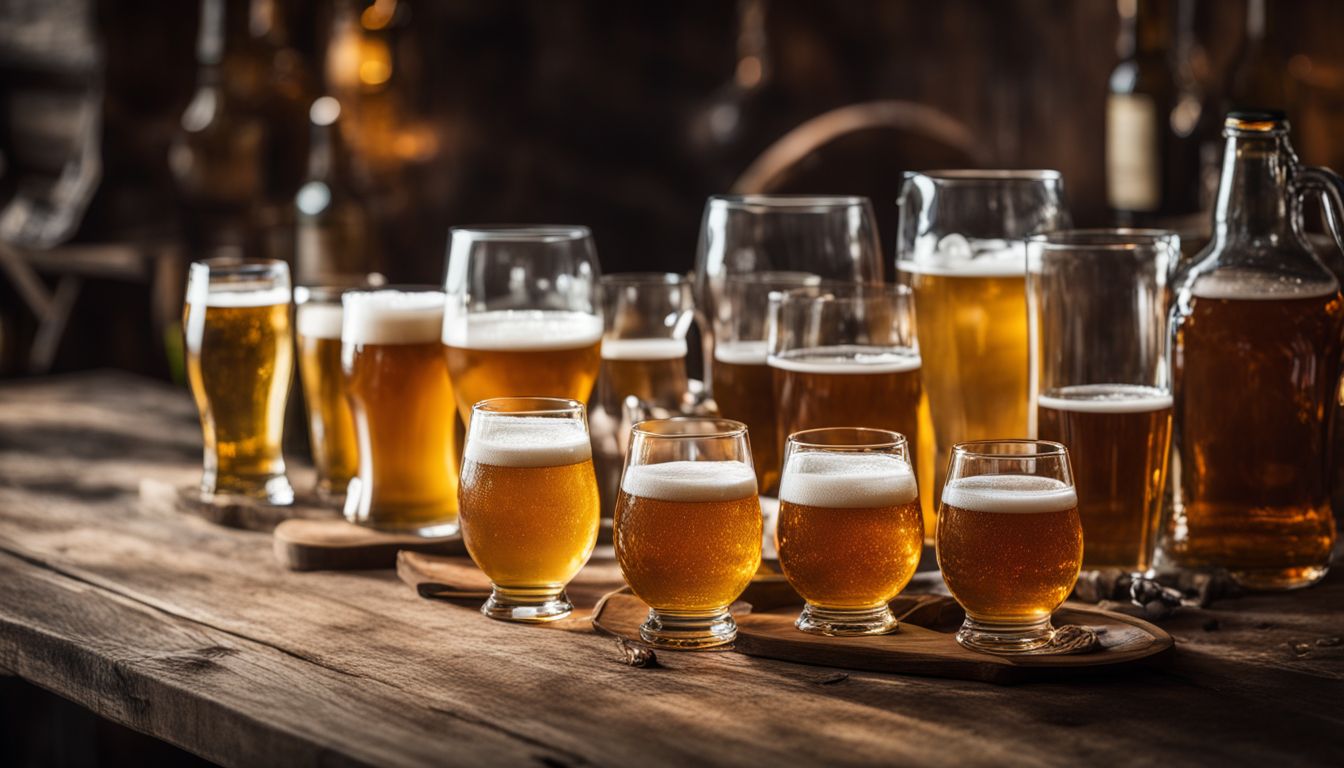 A photo of beer glasses in various styles on a wooden table.