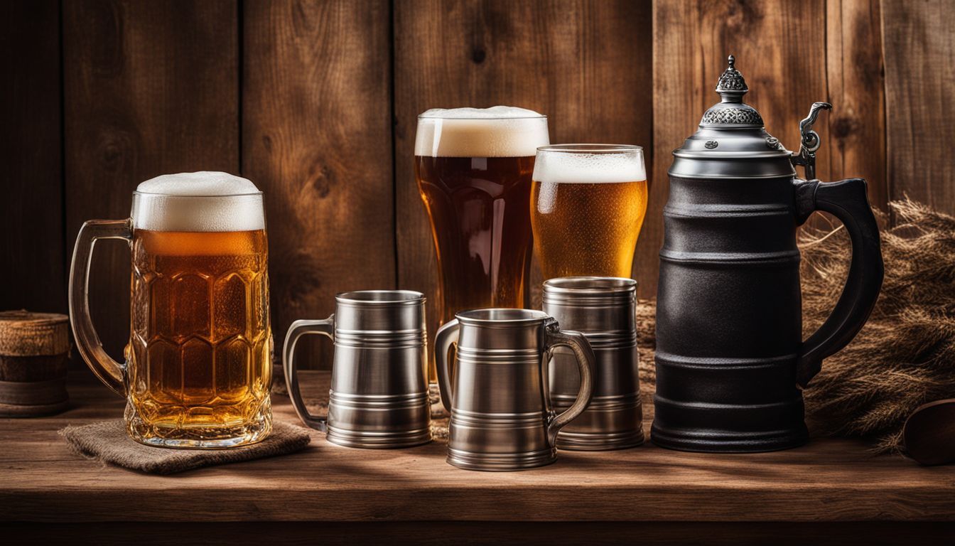 A rustic table with beer mugs and steins in a lively atmosphere.