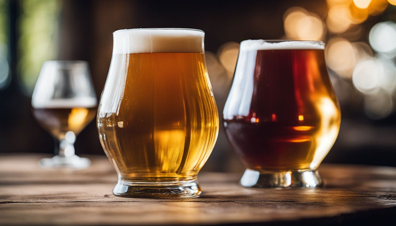 A close-up photo of three different beer glasses on a wooden table.