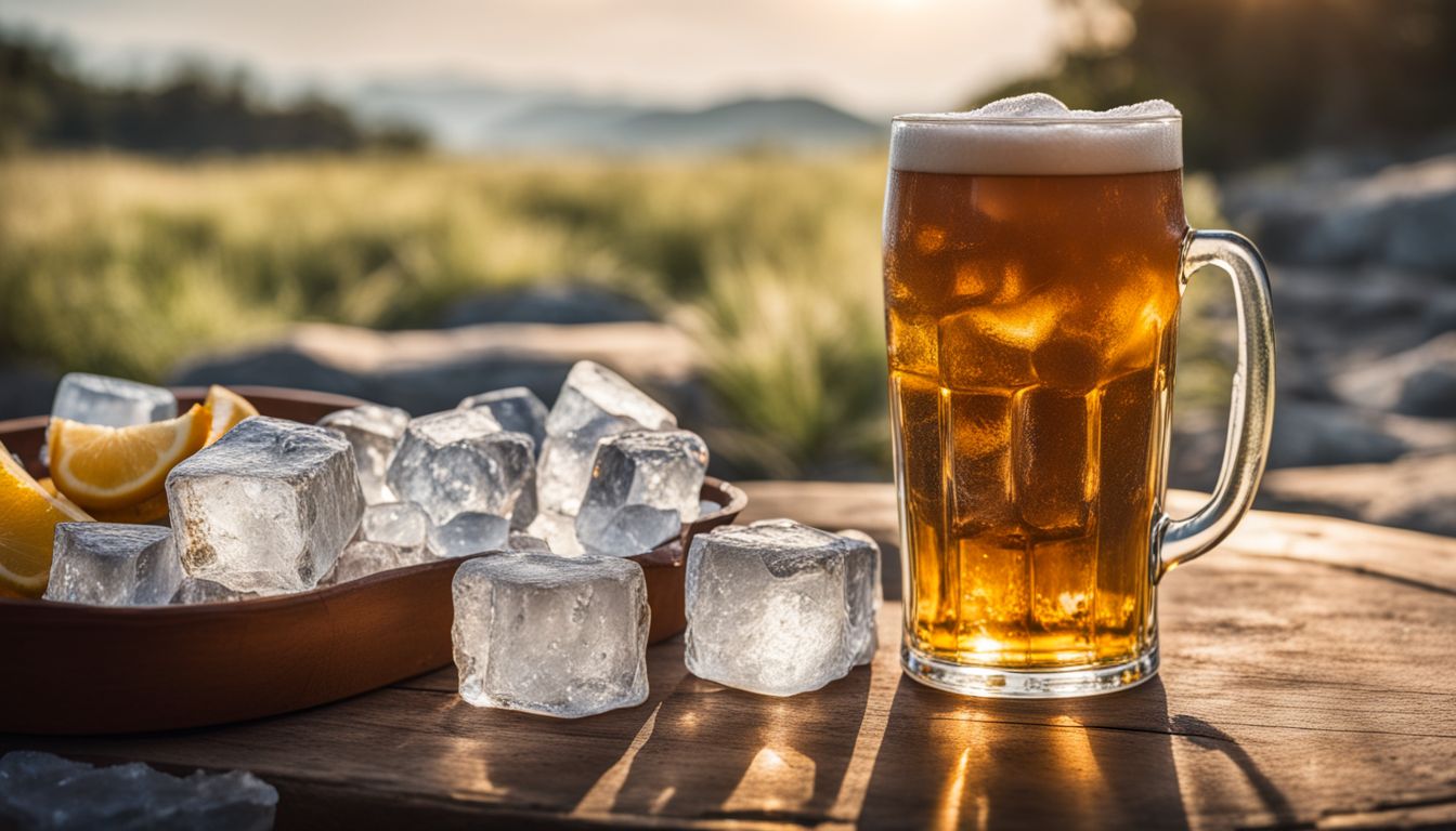 A refreshing beer surrounded by ice in a sunny outdoor setting.