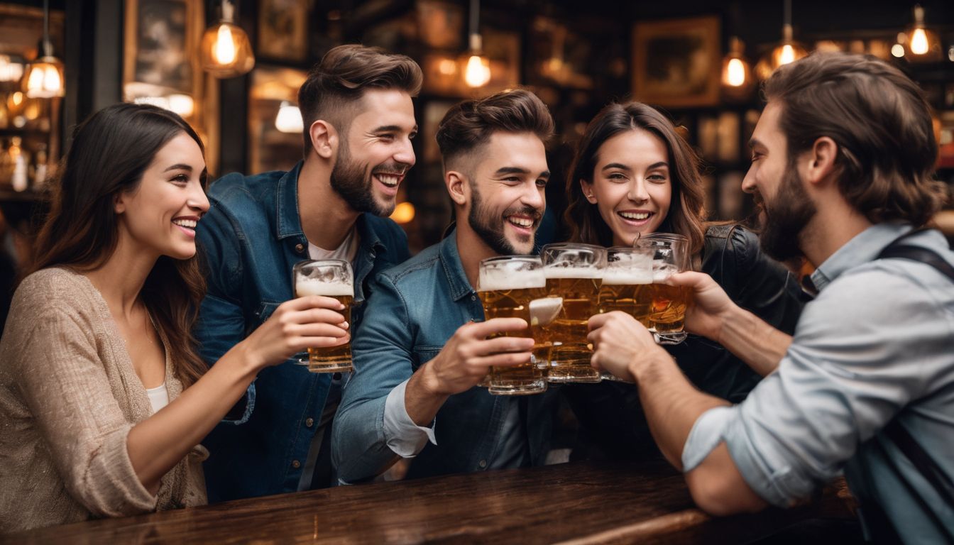 A diverse group of friends toasting in a lively pub.