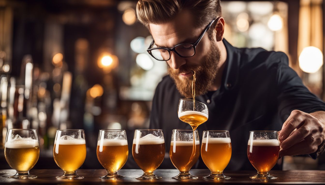 Bartender pouring beer into different glasses with various details and styles.