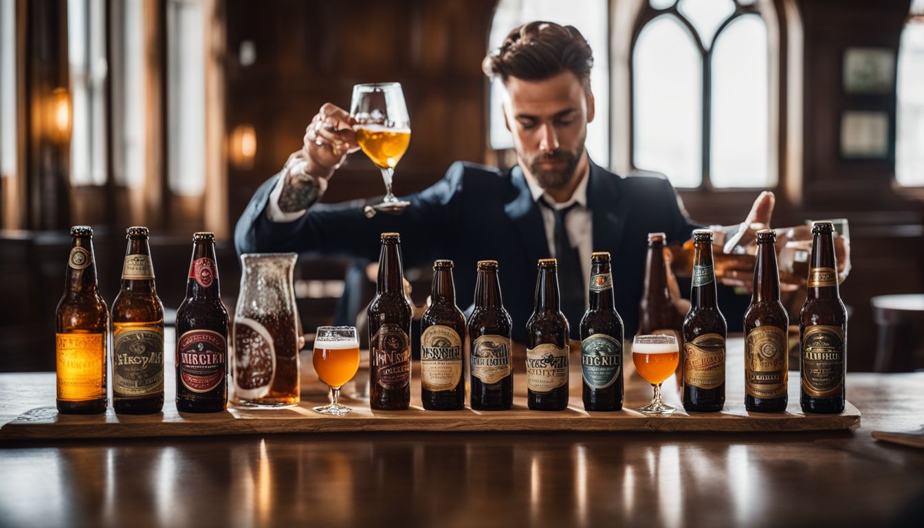 A beer sommelier examining a flight of different beers.
