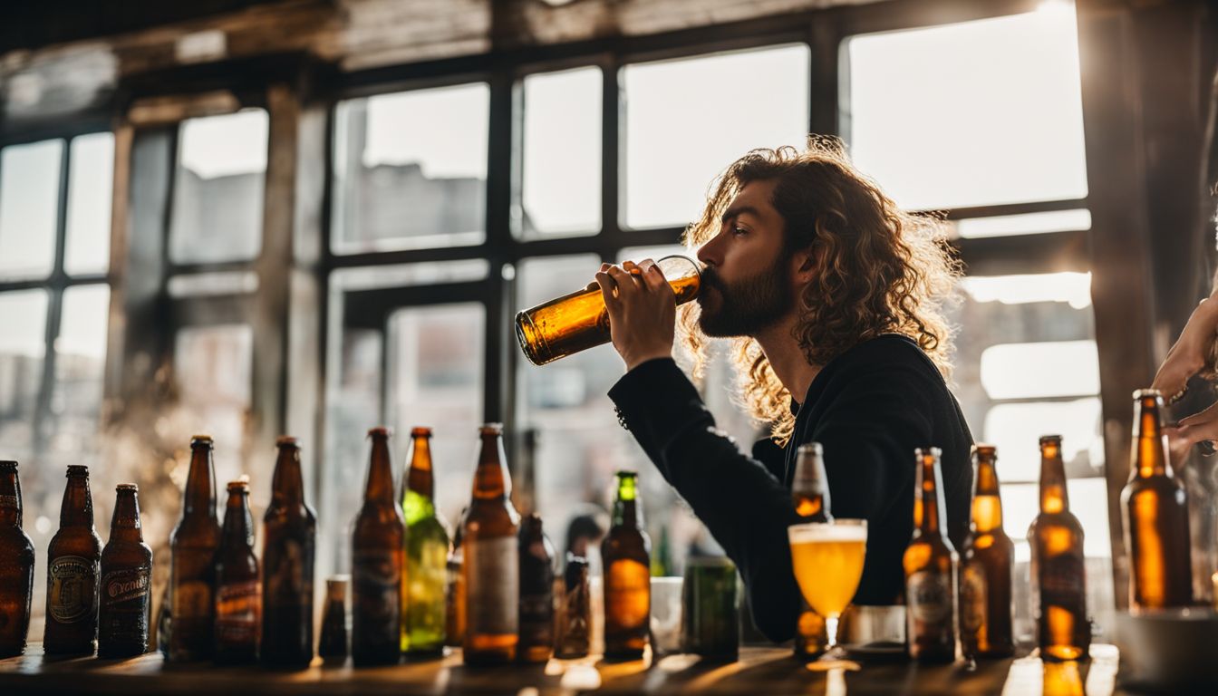 Person smelling beer surrounded by various types of beer bottles.