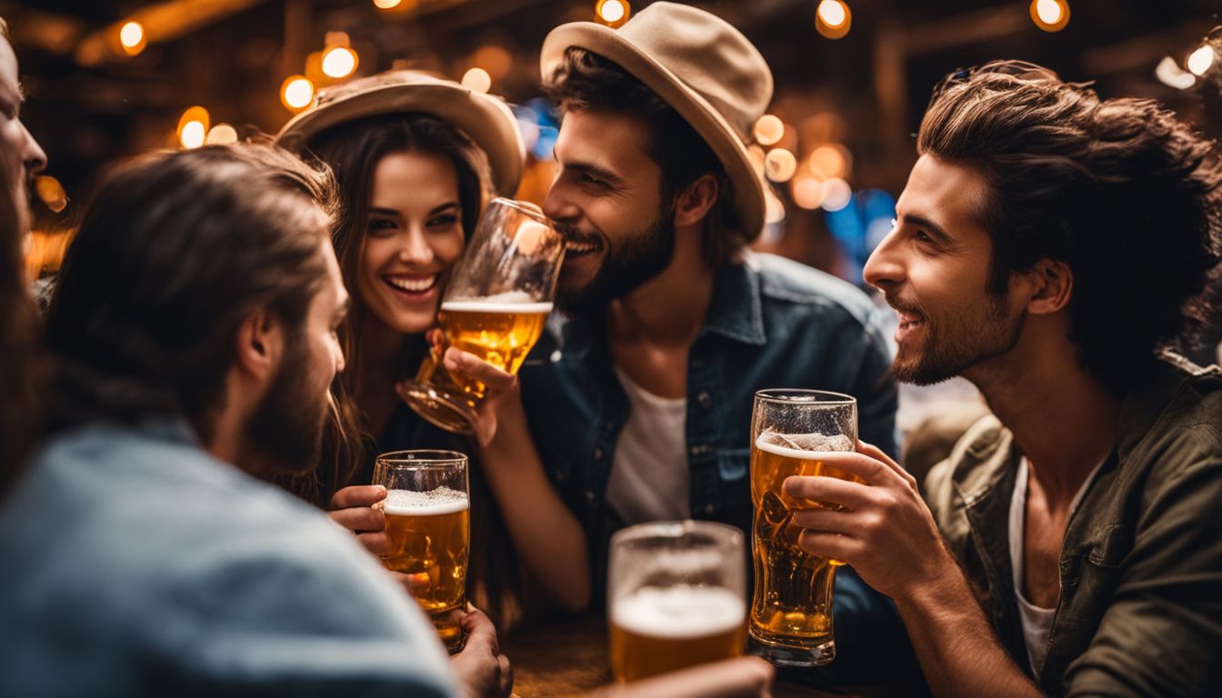 A group of friends enjoying beer together in a studio setting.