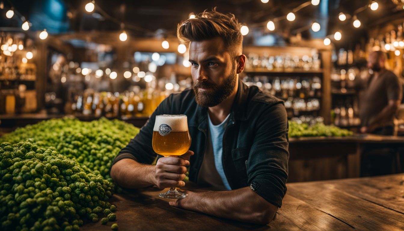 Person holding beer surrounded by hops, nature, and various people.