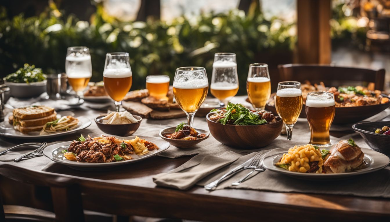 A beautifully set table with a variety of beer glasses and food dishes.