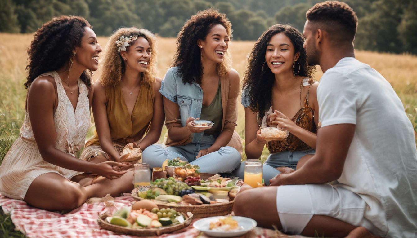 Group of diverse friends enjoying picnic with exotic foods, captured in high-quality picture.