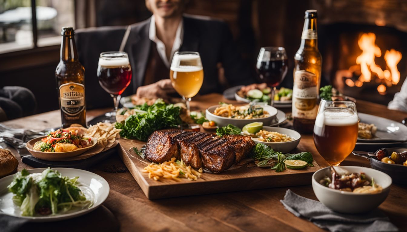 A table set with beer glasses, food plates, and different people.