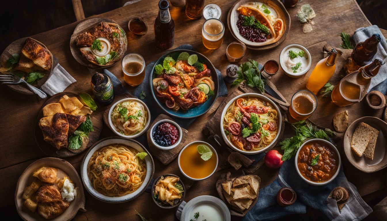 A vibrant table filled with diverse dishes and beer bottles.