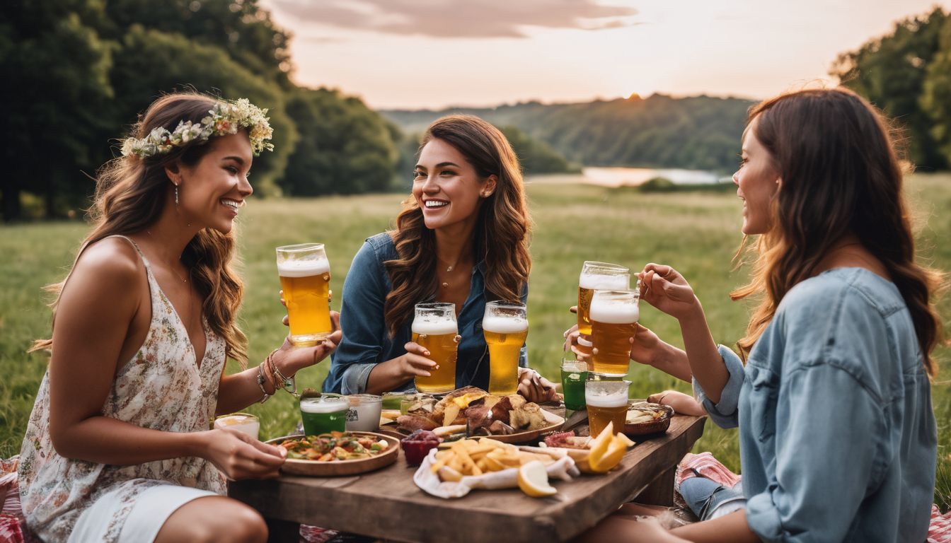 A diverse group of friends enjoying food and beer at a lively outdoor picnic.