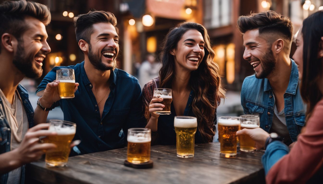 A diverse group of friends enjoying beers and laughter together.