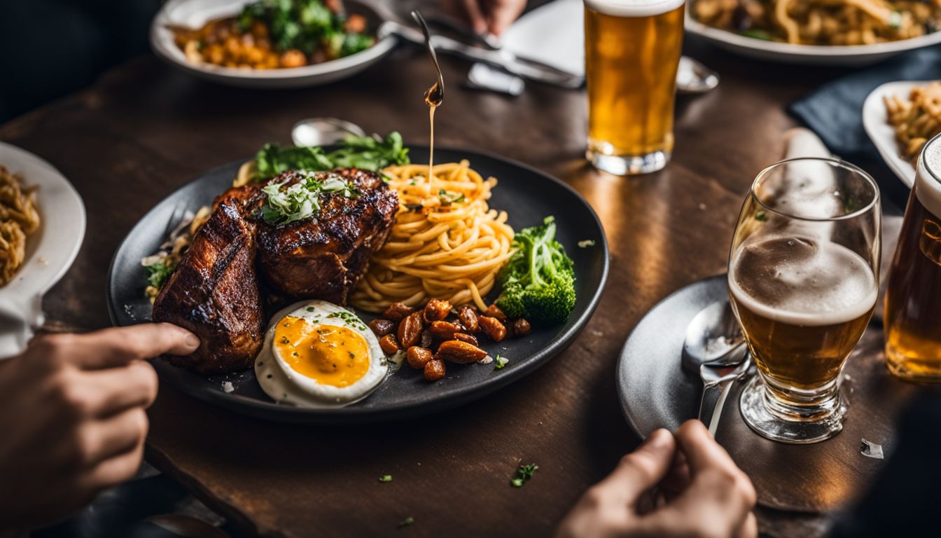 A plate of food and a glass of beer in a busy setting.