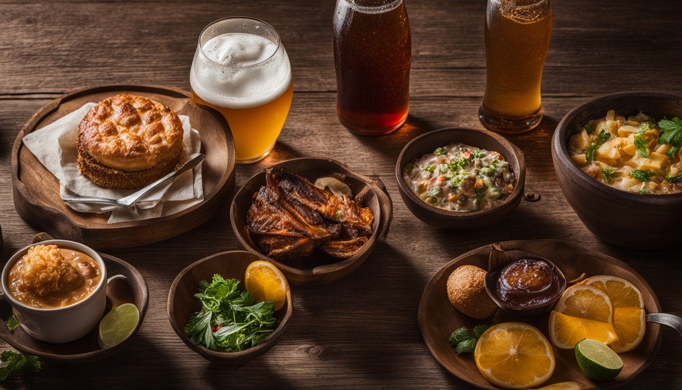 A photo of diverse beers with food pairings and various people.