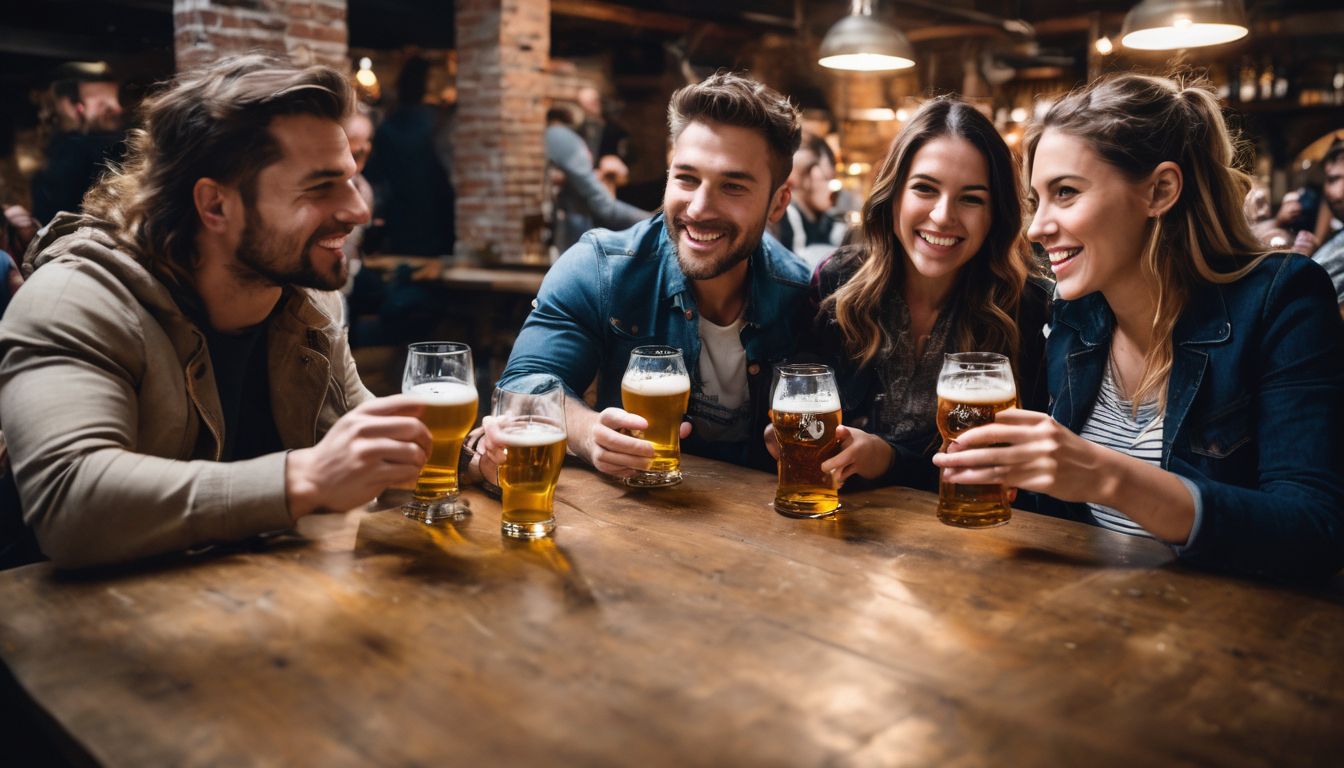 Friends tasting beers at a brewery in a vibrant atmosphere.