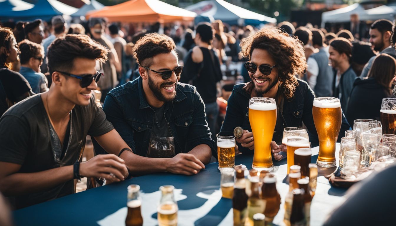 A lively beer festival with diverse people enjoying a variety of beers.