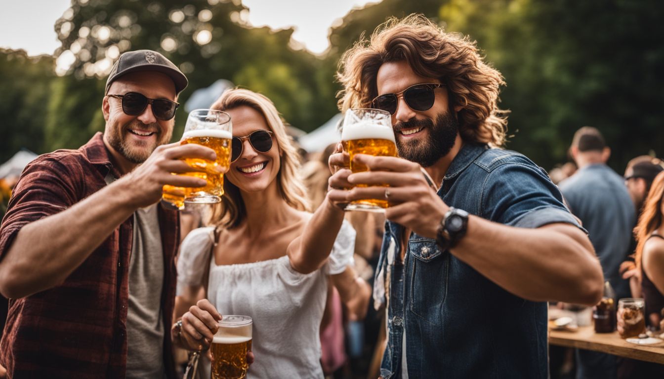 Beer enthusiasts joyfully celebrating at a lively outdoor beer festival.