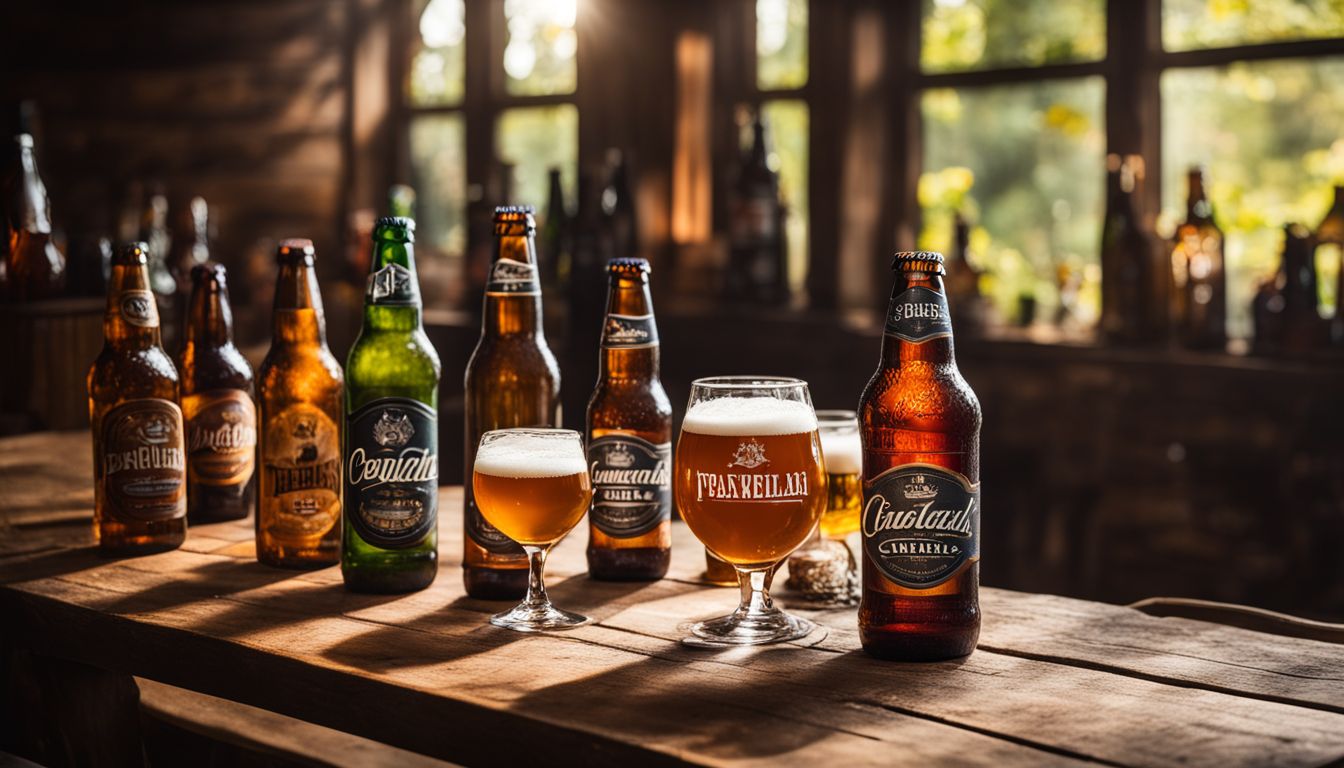 Craft beer bottles and glasses arranged on a rustic table.