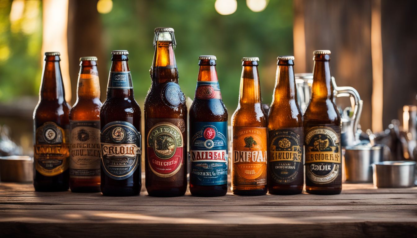 An array of colorful craft beer bottles and cans on a wooden table.
