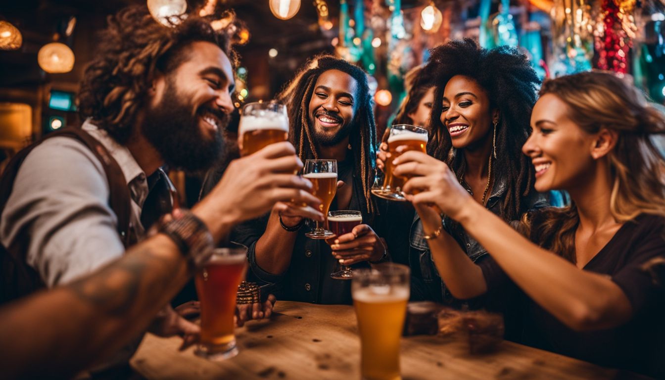 Photo of friends toasting with craft beers in a vibrant setting.