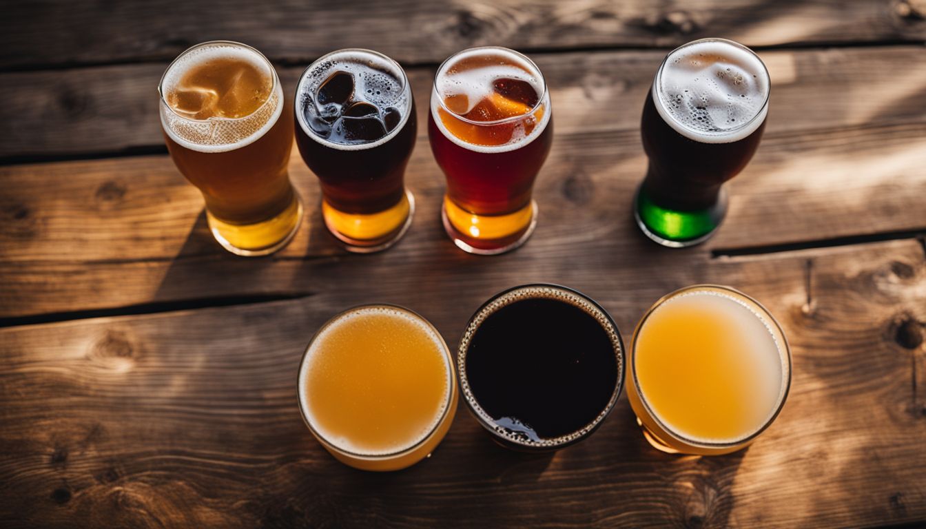 Close-up of colorful craft beers on wooden table with diverse people.