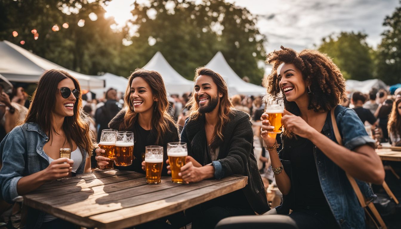 Craft beer enthusiasts enjoying a lively outdoor beer festival.