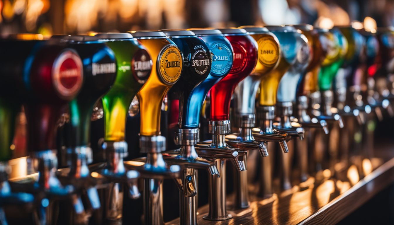 A vibrant beer festival with a variety of colorful taps and people.