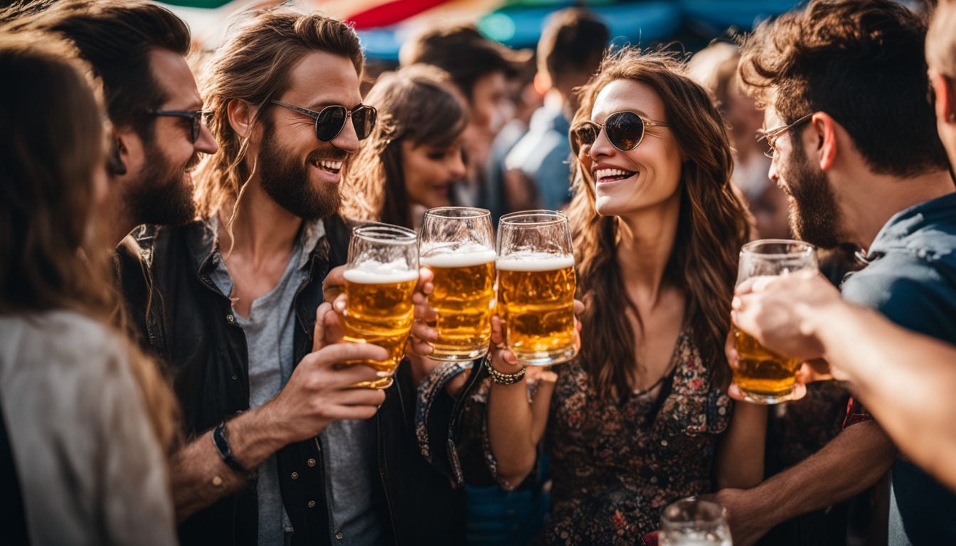 People enjoying a lively beer festival with clinking glasses and festivities.