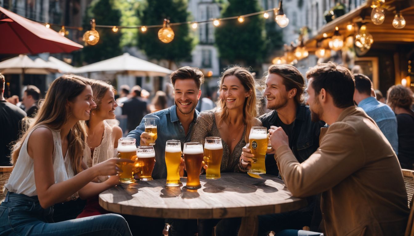 Group of people enjoying Belgian beers at traditional beer garden.