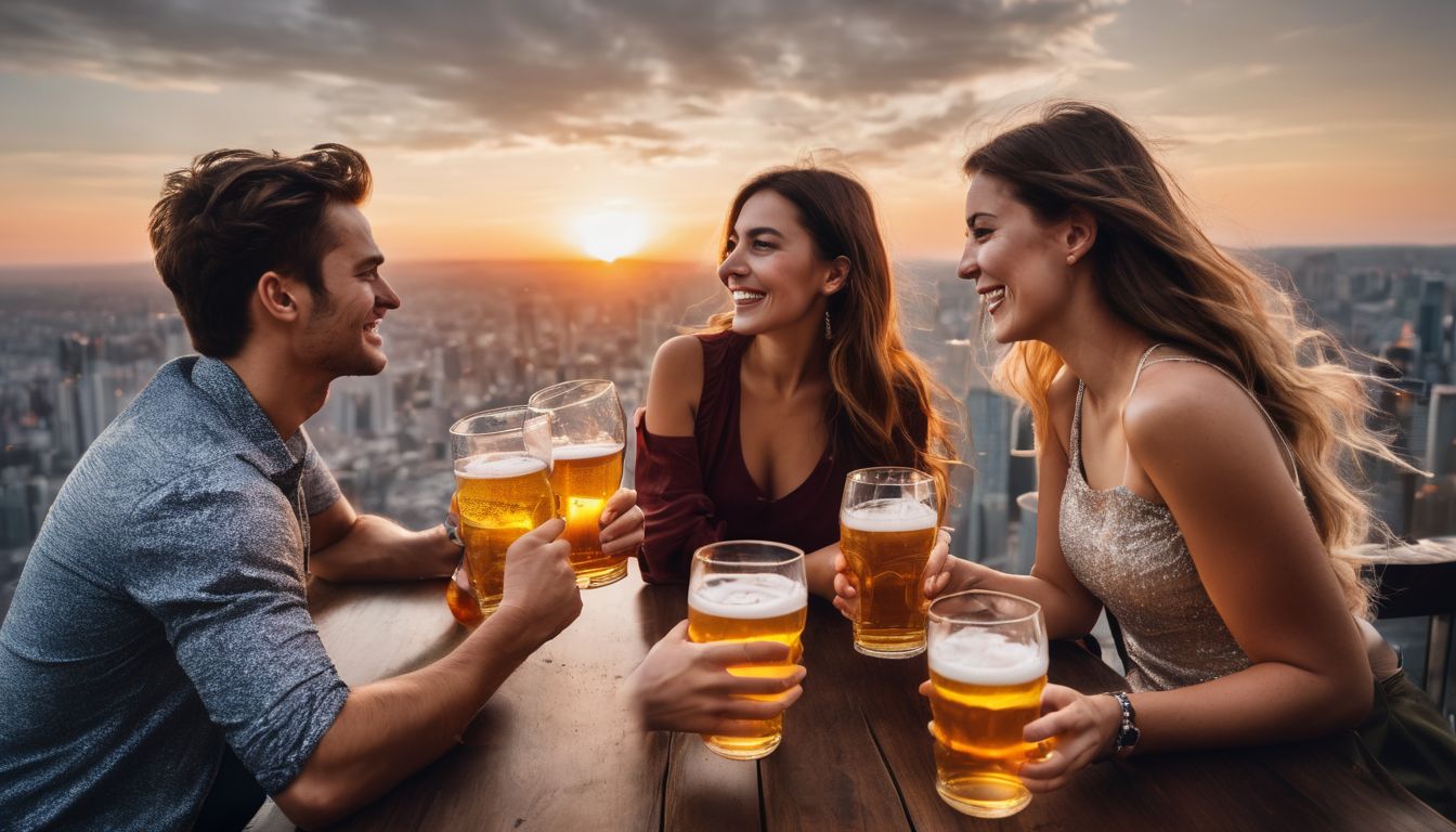 A diverse group of friends cheersing with beer glasses, overlooking a cityscape at sunset.