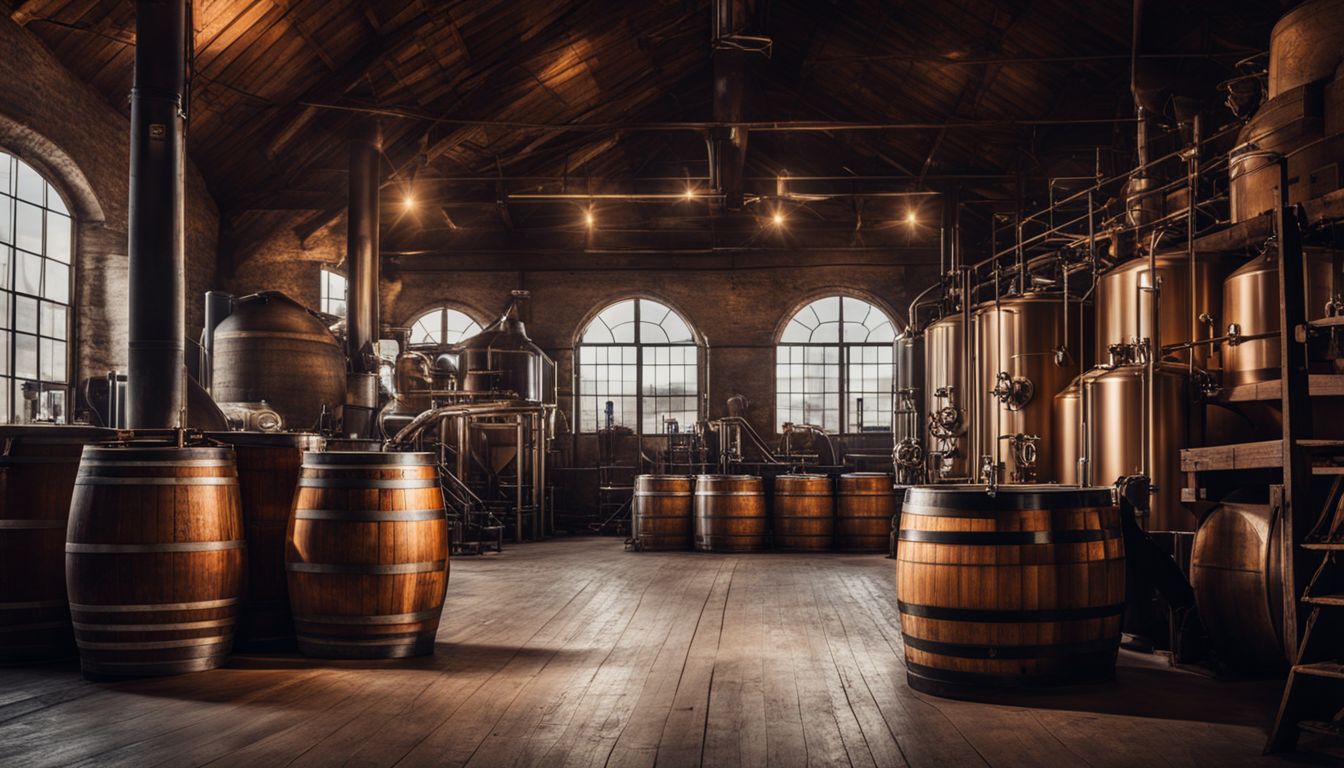 A photo of a rustic brewery with brewing equipment and beer barrels.