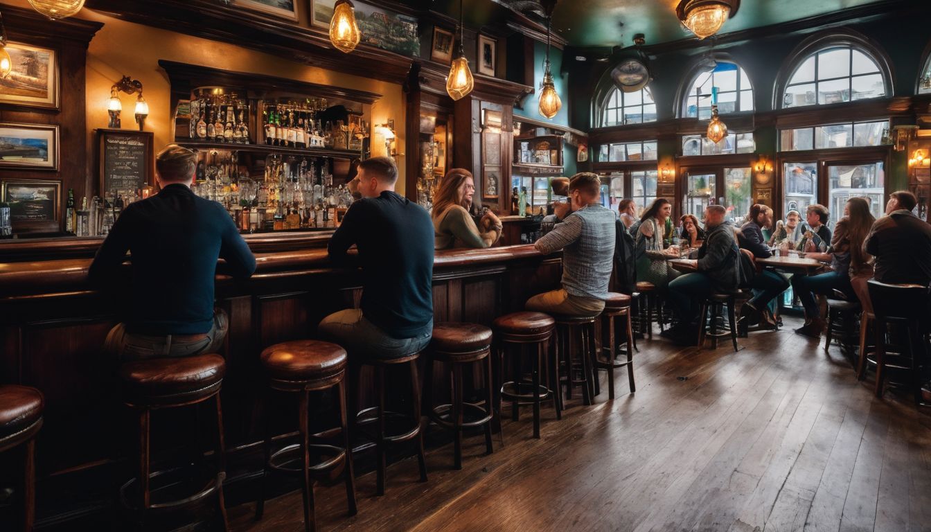 A lively Irish pub filled with friends enjoying drinks and conversation.