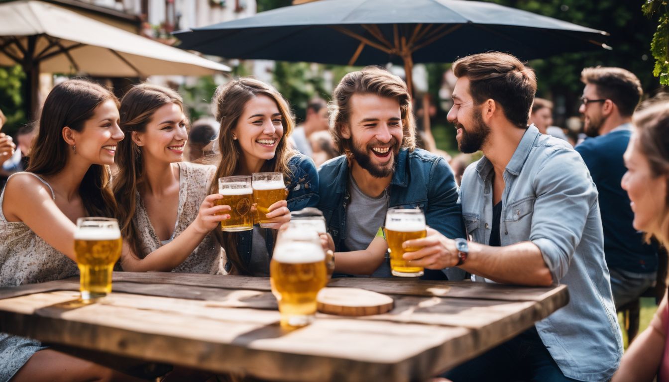 Friends enjoying beer tasting in a Czech beer garden.