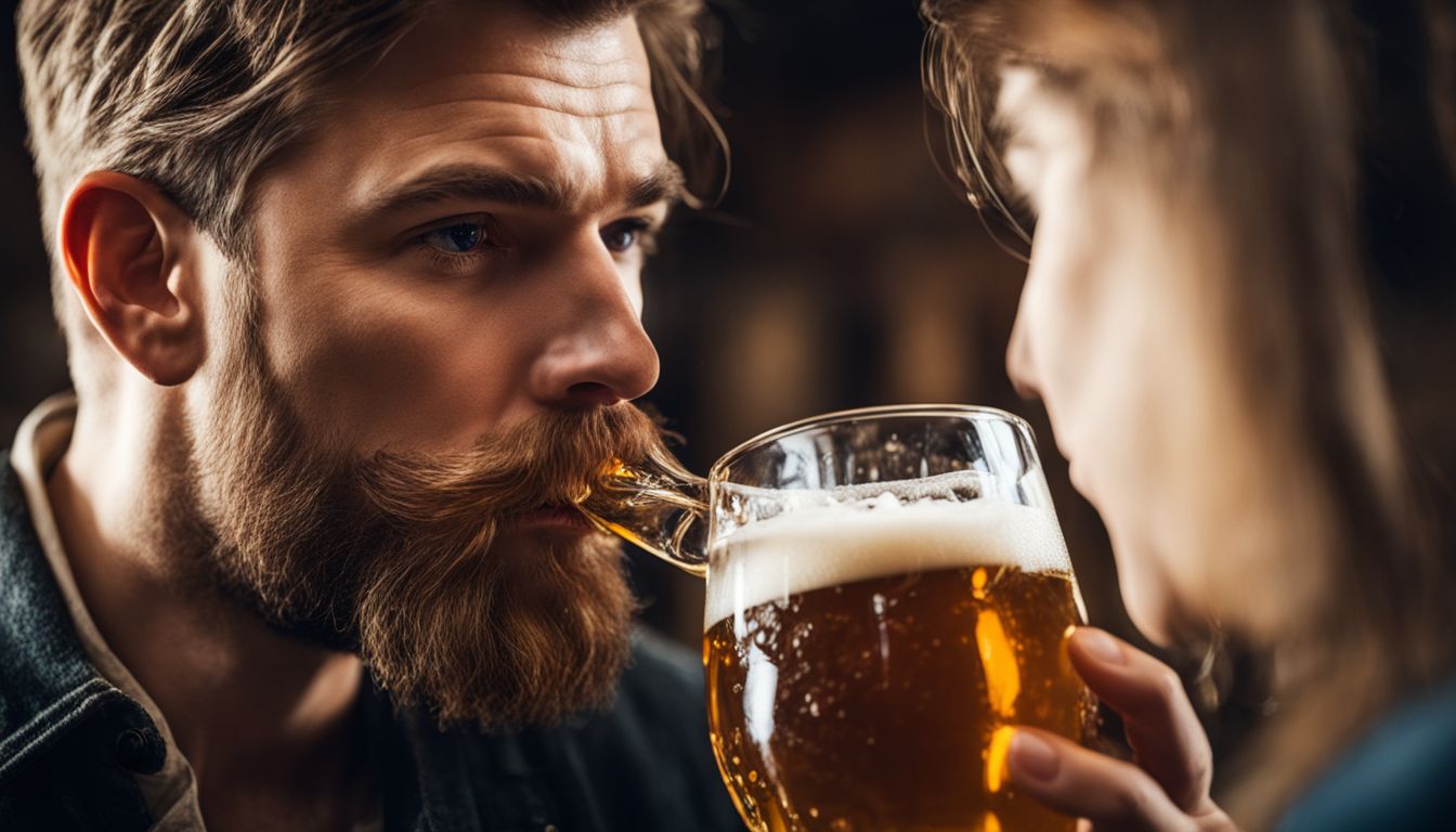 A close-up of a person smelling beer in a rustic brewery.