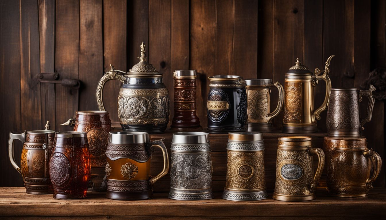 A collection of traditional beer steins from different countries.