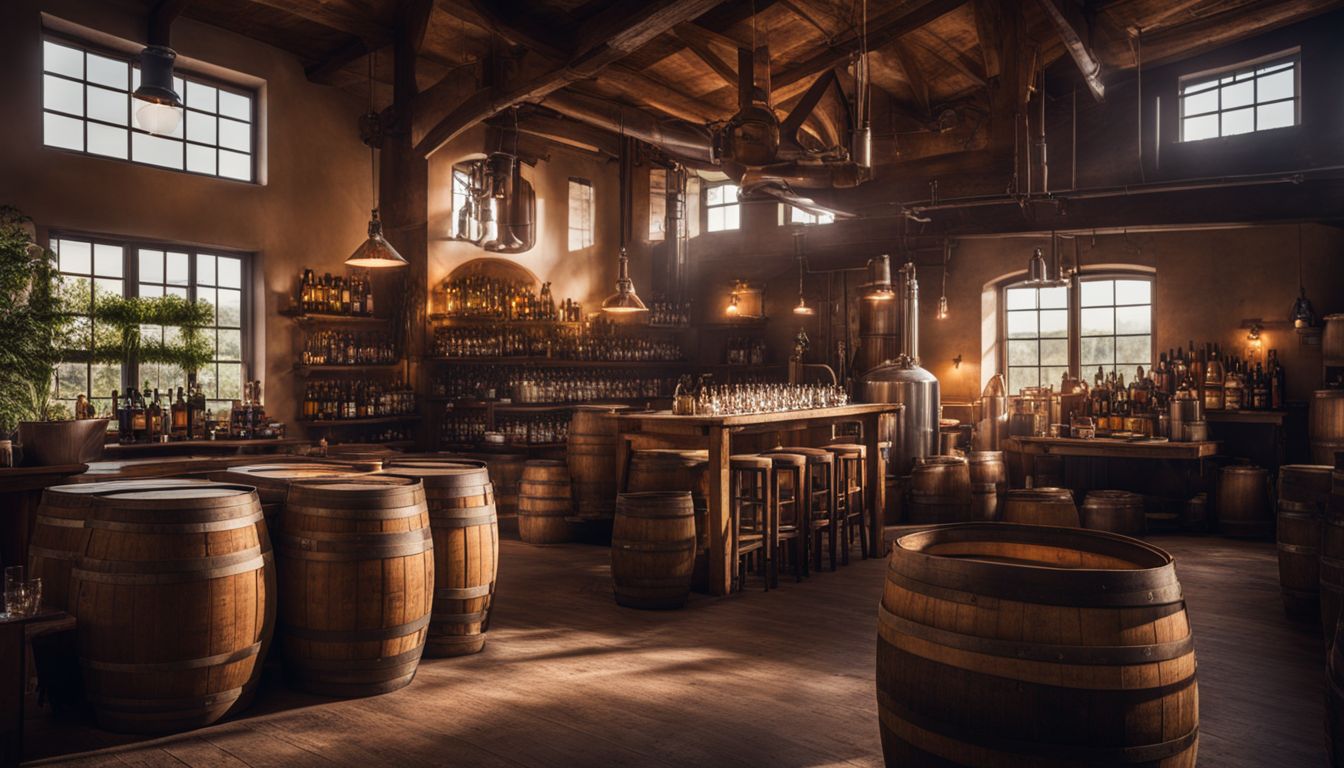 A bustling traditional brewery with diverse people, equipment, and wooden barrels.