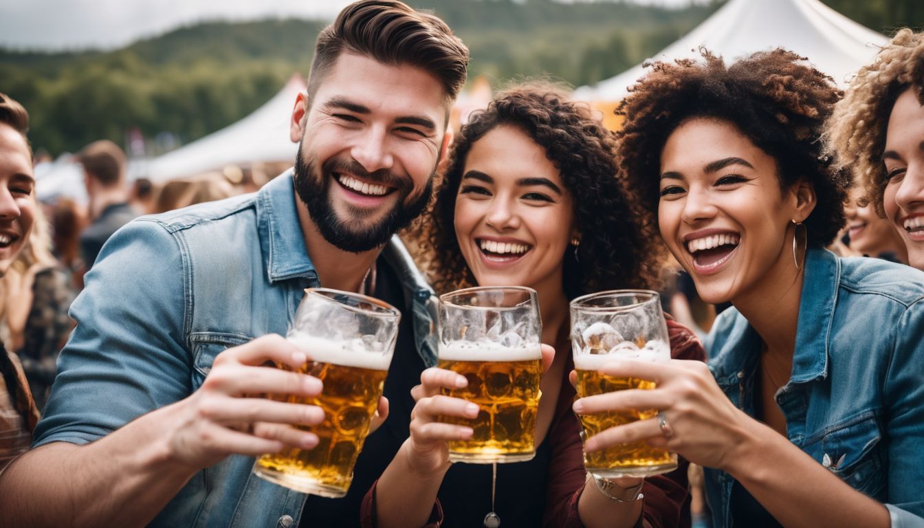Diverse friends celebrate at outdoor beer festival in cityscape setting.