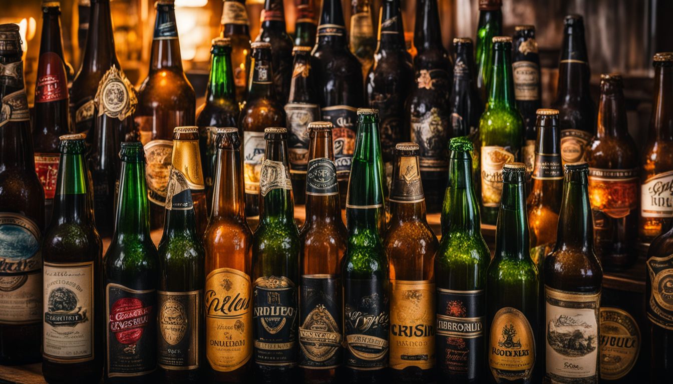 Close-up photo of diverse beer bottles with various labels.