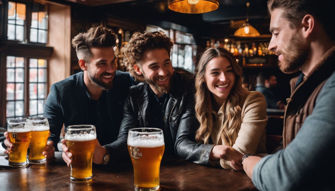 Friends enjoying beer in a Belgian pub with diverse faces and styles.
